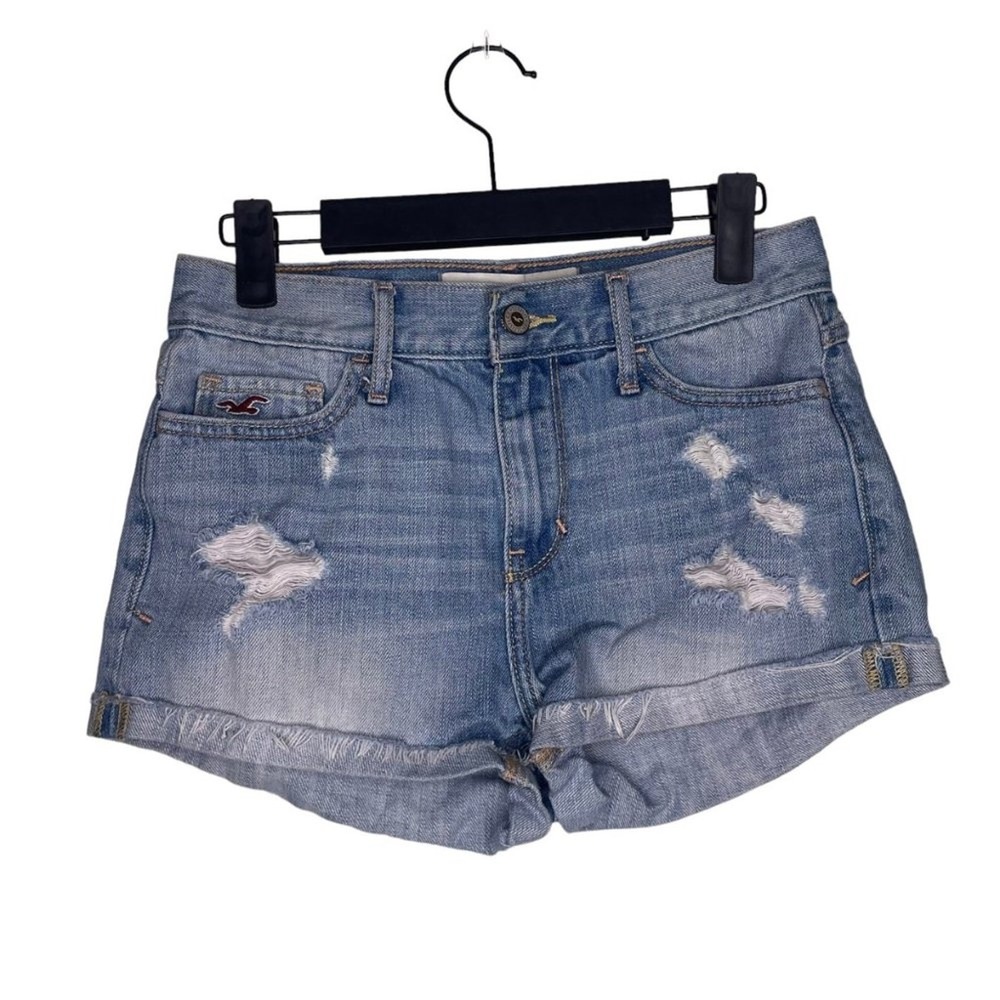 Hollister Distressed Denim Shorts Light Wash Cuffed Frayed Size 1 W25 Mens